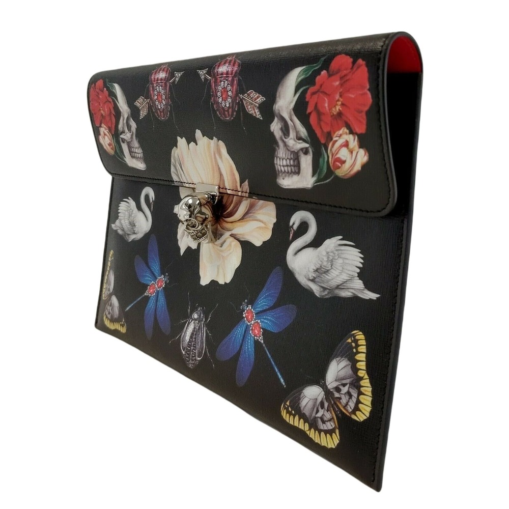 Alexander McQueen Black Leather Flower Animal Skull Clutch 554197 1090 - Picture 3 of 11